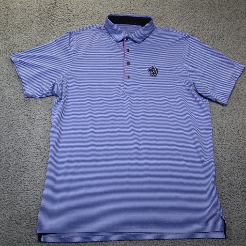 Greyson Mens XL Blue White Striped Performance Golf Polo Shirt Crest Logo Peru